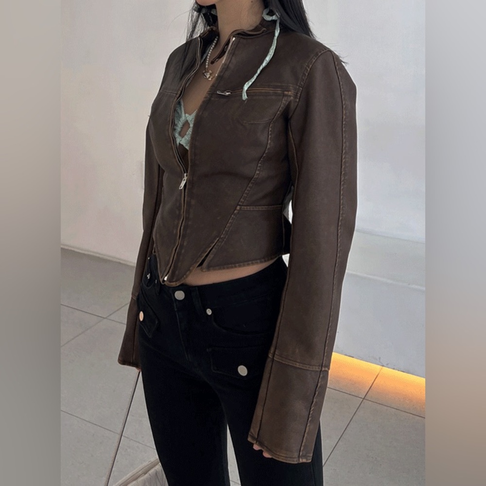 COPY - Brand New Corset Hem Curved Hem Vegan Leather Crop Moto Jacket SZ XS